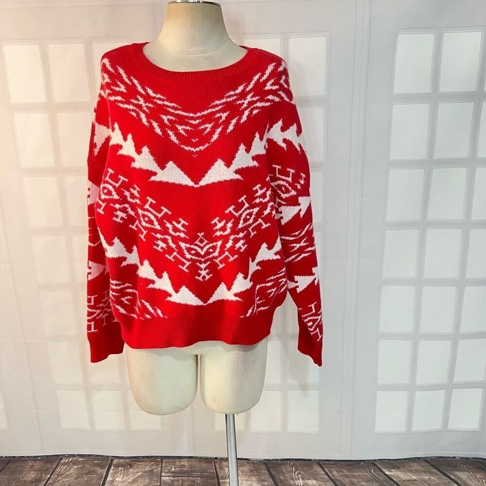 Express NWT Red White Aztec Crew Neck Cotton Blend Pullover Sweater Medium